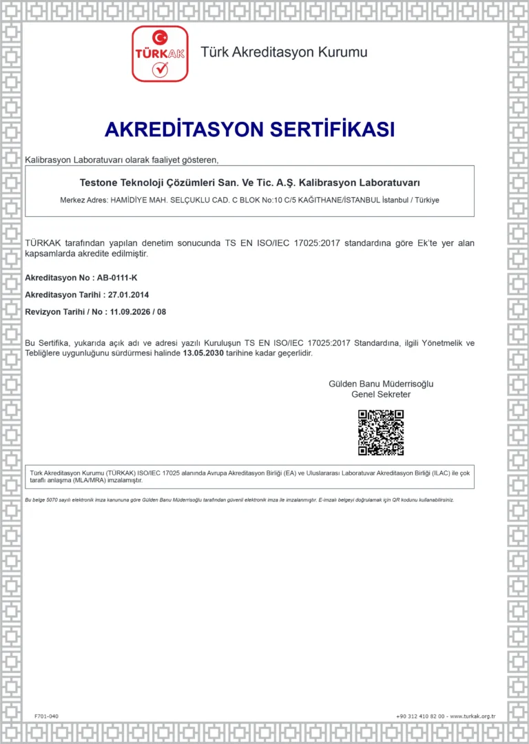 Testone Kalibrasyon Laboratuvarı - Akreditasyon Sertifikası
