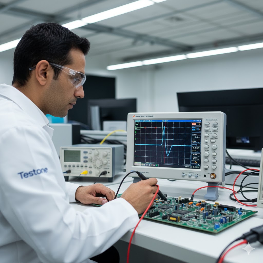 An electronics engineer analyzing a sine wave on a digital oscilloscope screen. The oscilloscope displays voltage vs. time with clear waveforms and frequency markers. The engineer’s lab coat has a Testone logo on the chest. The background features a modern electronics workbench with probes and circuit boards.