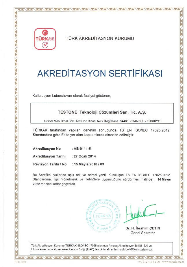 testone teknoloji kalibrasyon sertifikası