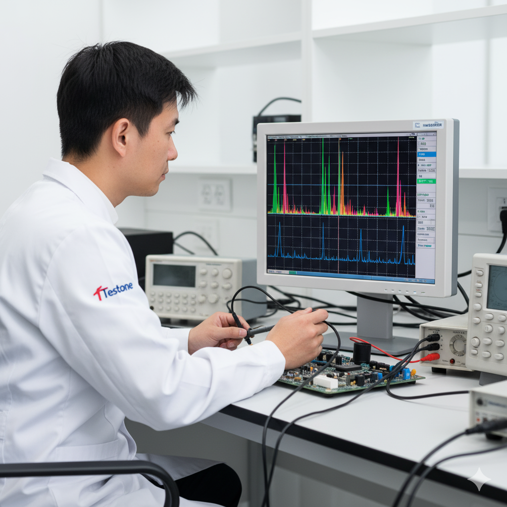 engineer analyzing FFT data on a digital oscilloscope