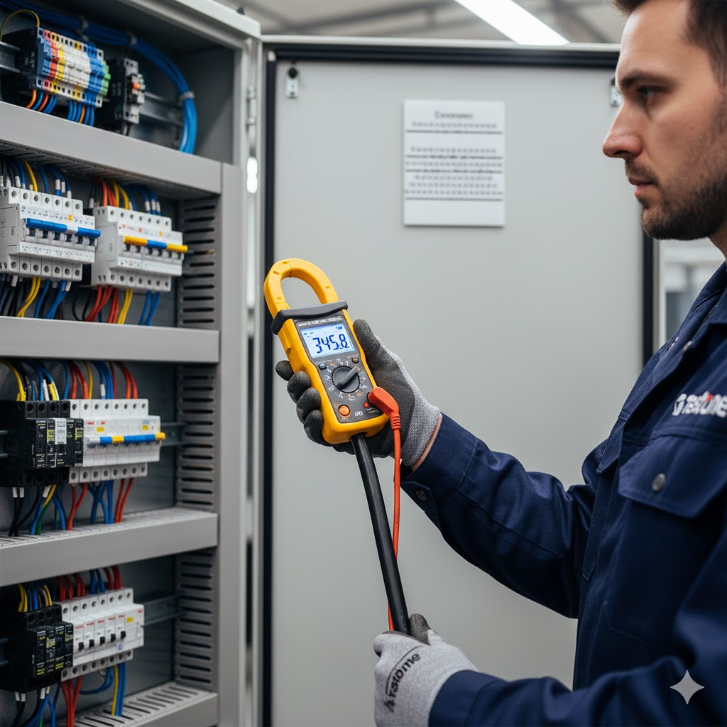 A field technician measuring AC current using a digital clamp meter on an industrial control panel. The clamp meter screen shows a clear current reading in amperes. The technician’s uniform has a Testone logo on the chest. Background features electrical cables and circuit breakers in a well-lit workshop.